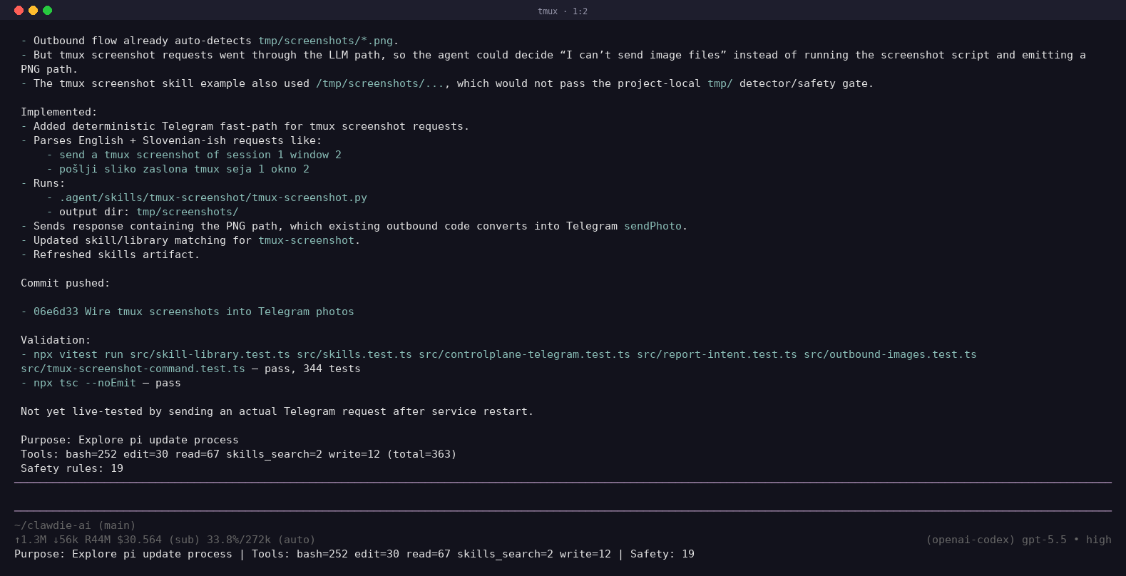 tmux diagnostic screenshot captured by Clawdie